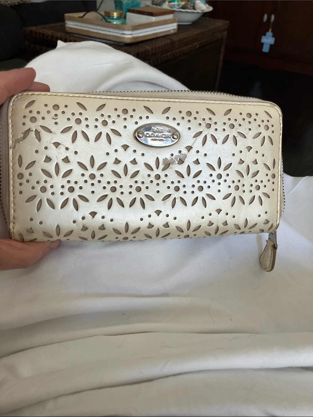 Coach Ivory Perforated Zip Wallet with Floral Cutouts